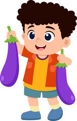 happy cute kid boy holding fresh vegetable