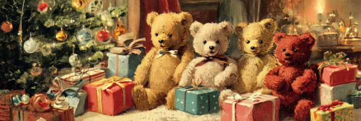 Cute teddy bears sit around a beautifully decorated Christmas tree surrounded by colorful presents, banner