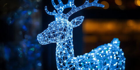 Glowing reindeer sculpture made of intricate blue lights on dark background evoking festive magic