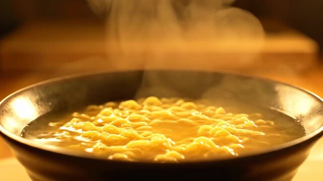 Hot water pouring over a bowl of delicious noodles