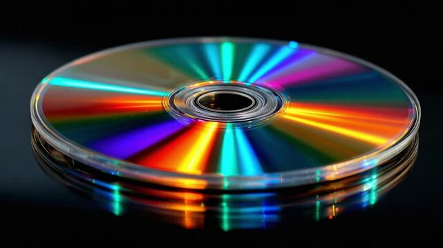 Kaleidoscopic Compact Disc: A mesmerizing close-up of a compact disc shimmering with a spectrum of colors, reflecting a dance of light and technology.