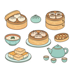 Cartoon Dim Sum Set with Steamed Dumplings, Buns, Tofu, Congee, and Tea Illustration