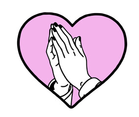Two praying hands with black outlines inside a bold pink heart. Vector illustration in cartoon-like Y2K style, with simple shapes and soft pastel colors. Perfect for t-shirt print and fashion badge.