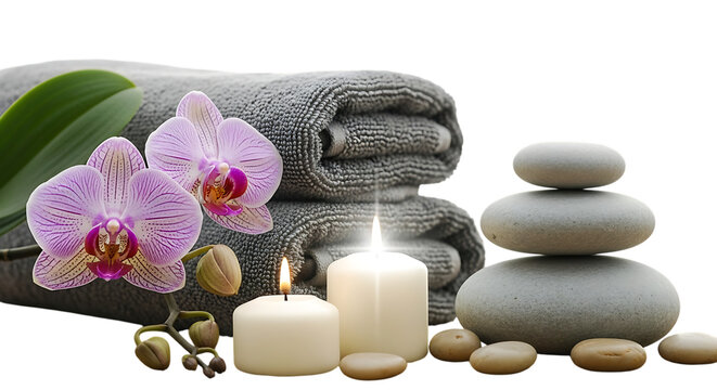 Spa zen arrangement with orchids candles and stones isolated on transparent background