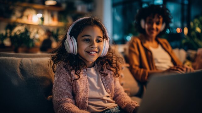 A young girl sits on a cozy sofa, wearing large headphones and enjoying her music, while smiling as she relaxes in the warm living room. Another woman in the background is focused - Powered by Adobe
