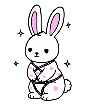 Cute vector illustration shows a white bunny with pink accents, wrapped in rope and decorated with heart shapes. The style is playful, cartoonish, Y2K kawaii.