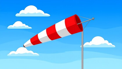 Windsock indicates wind direction against a bright blue sky with clouds.