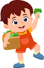 happy cute kid boy holding fresh vegetable in basket