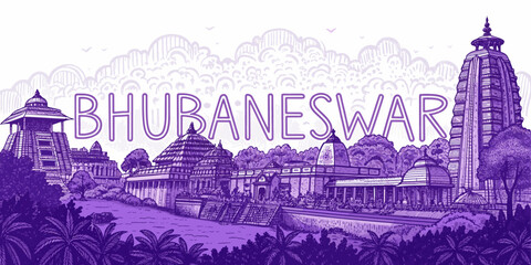 Bhubaneswar Skyline Sketch with Cultural Touch, Featuring Lingaraj Temple, Dhauli Stupa, Rajarani Temple and Odisha Heritage for Tourism and Travel Poster Use