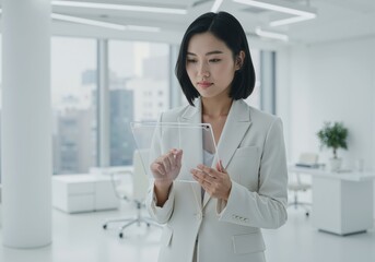 Asian businesswoman interacting with transparent tablet in office