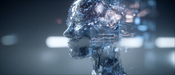 Human intelligence enhanced: the ai connection visualization. Minimal design. Futuristic digital head and ai circuitry with detailed data analysis. Bright colors. Visual balance.