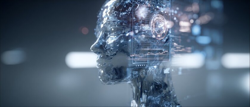 Human intelligence enhanced: the ai connection visualization. Minimal design. Futuristic digital head and ai circuitry with detailed data analysis. Bright colors. Visual balance.