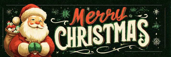 Santa Claus, smiling warmly, holds his sack of gifts surrounded by retro Christmas decorations, evoking the spirit of holidays from the 50s and 60s with a nostalgic charm, banner