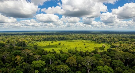A vast green rainforest canopy surrounds a bright central clearing under dramatic clouds in an aerial drone shot. Perfect as a looping nature background for environmental or travel documentaries.