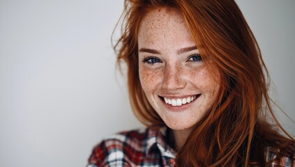 Smiling redhead woman with freckles in plaid shirt on white background