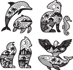 Sea Animals Tropical Double Exposure Vector Illustration.eps