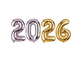 Obraz premium Shiny metallic balloons spelling out the year 2026 isolated on transparent background