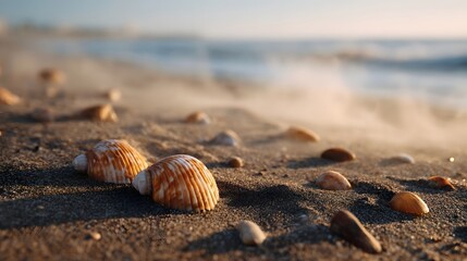Close up of seashells scattered on a sandy beach at golden hour with mist
