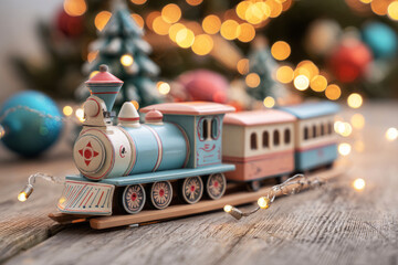 A charming wooden train set travels on a smooth track, surrounded by sparkling lights and a decorated Christmas tree in the background, evoking a nostalgic holiday spirit