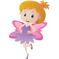 Cute cartoon fairy girl with blonde hair and pink wings wearing a purple tutu dress and ballet shoes standing on one leg with a cheerful expression on a transparent background