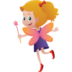 Cute Cartoon Fairy Girl With Blonde Hair Holding A Star Wand And Wearing A Purple Dress With Orange Butterfly Wings And Red Shoes On A Transparent Background