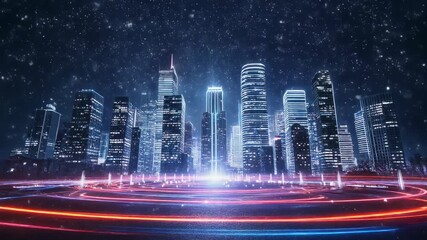 Abstract futuristic city skyline with glowing lights and digital overlay - Powered by Adobe