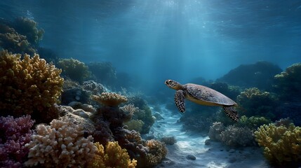 A sea turtle gracefully swims through a vibrant coral reef under sunbeams in clear blue ocean water