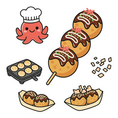 Cute Takoyaki Cartoon Set with Octopus Mascot and Street Food Elements
