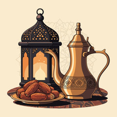 Vector Illustration of Traditional Arabic Teapot and Lantern with Dates in Modern Vintage Style