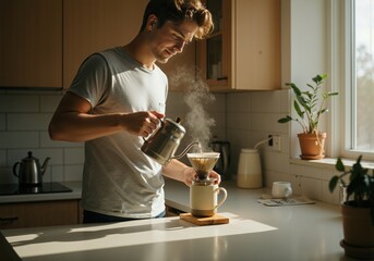 Young man meticulously preparing pour-over coffee in his cozy kitchen
