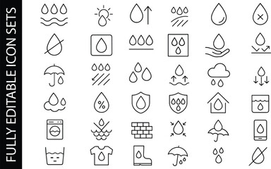 Set of water drop and humidity outline icons with rain, moisture, waterproof and climate symbols for weather or laundry design