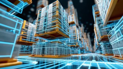 Supply Chain in Digital Realm: A futuristic visualization of a warehouse, showcasing stacks of pallets suspended amidst a vibrant, interconnected digital grid. - Powered by Adobe