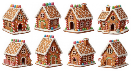 Eight festive gingerbread houses isolated on transparent background