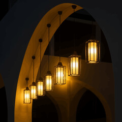 Minimalist Vector Illustration of Hanging Lanterns in Warm Light for Interior Decor Modern Style