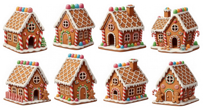 Eight festive gingerbread houses isolated on transparent background - Powered by Adobe