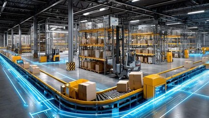 Automated Fulfillment: An expansive industrial warehouse with a cutting-edge automated system. A network of conveyor belts and robotic arms transport packages with precision. Capturing innovation. - Powered by Adobe