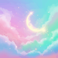 Abstract Vector Background with Colorful Cloud and Moon Elements in Soft Pastel Style