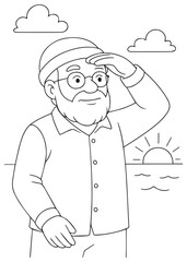 coloring book fisherman watching sunset at the beach