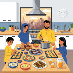 Vector Illustration of Family Cooking Scene in Modern Flat Style with Kitchen Elements and Food Items