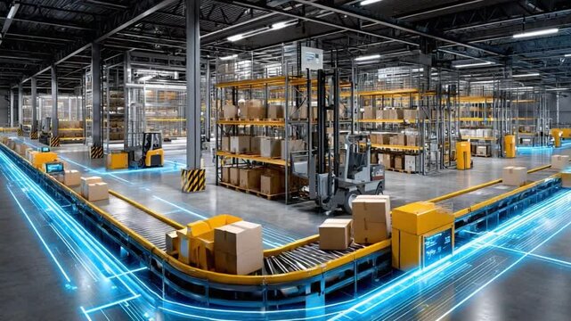 Automated Fulfillment: An expansive industrial warehouse with a cutting-edge automated system. A network of conveyor belts and robotic arms transport packages with precision. Capturing innovation. - Powered by Adobe