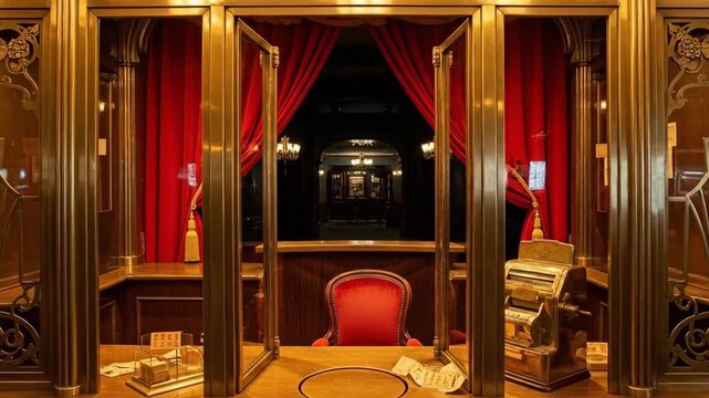 Art deco ticket booth with brass details and red velvet curtains. Empty counter with cash register and chair for ticket seller.
