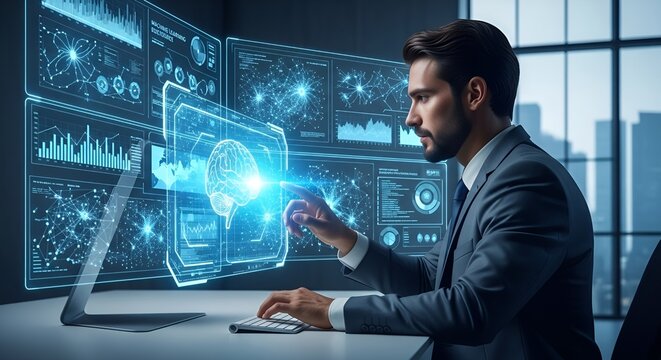 businessman touching virtual screen