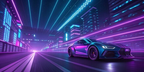 Cyberpunk Car Speeding on Neon City Road
