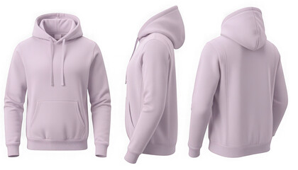 Blank light purple pullover hoodie, front, side, and back views isolated on transparent background