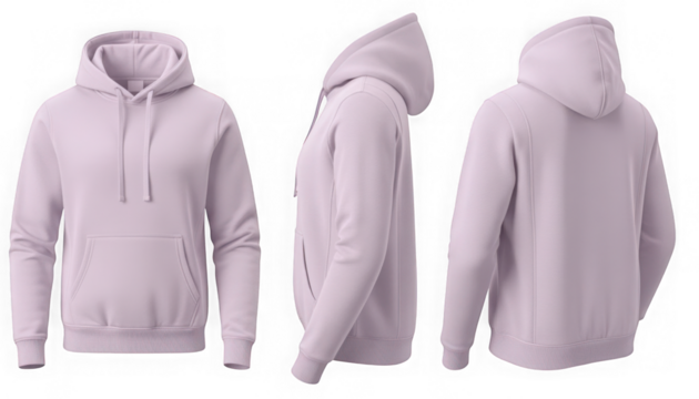 Blank light purple pullover hoodie, front, side, and back views isolated on transparent background