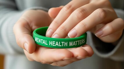 Woman holding a green wristband with text mental health matters. Mental health awareness and support concept. Psychological well being.