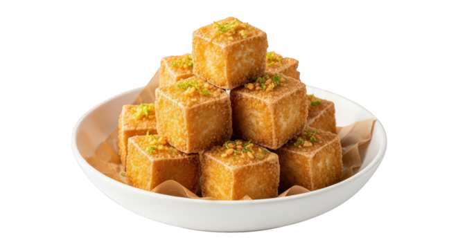Pyramid of crispy fried tofu cubes for appetizers