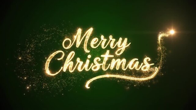 Magical Merry Christmas Text Animation: Golden Glitter Trail Writing Calligraphy on Green Background.