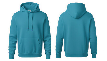 Blank vibrant teal blue hoodie front and back view isolated mockup isolated on transparent background