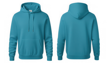 Blank vibrant teal blue hoodie front and back view isolated mockup isolated on transparent background